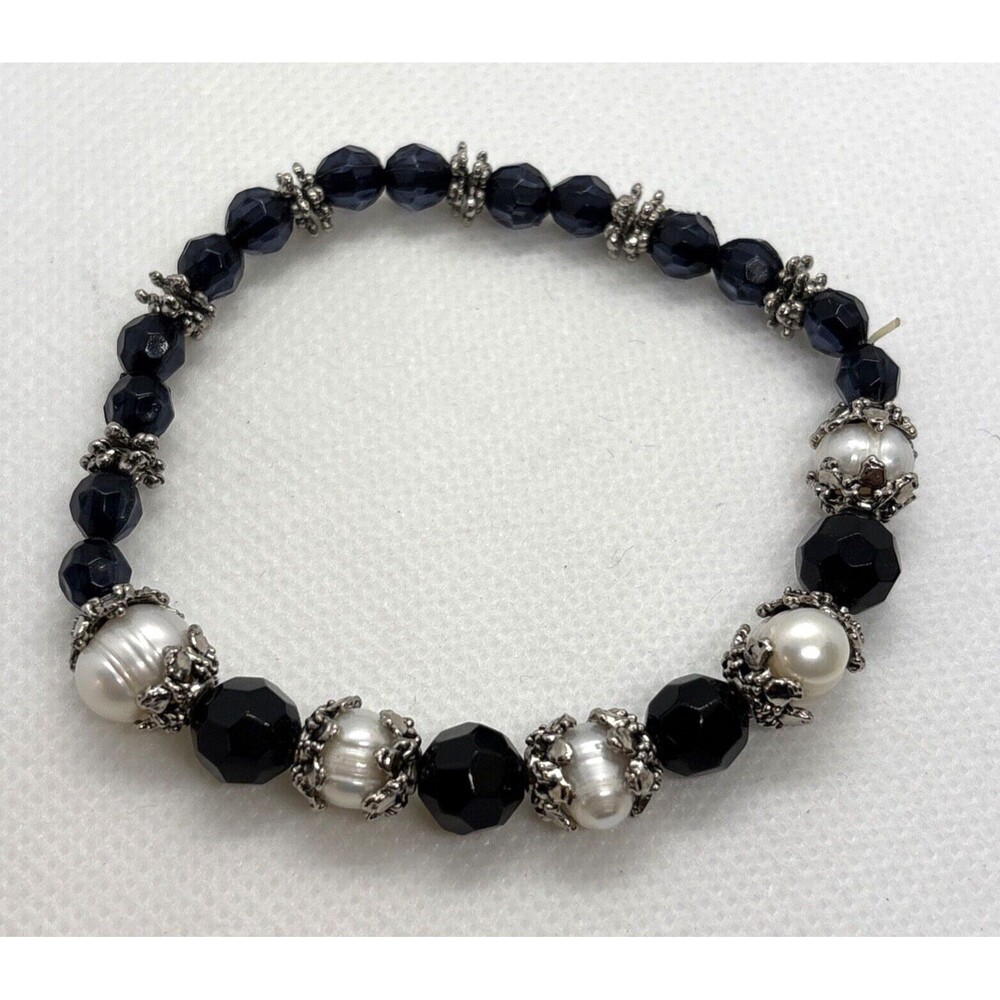 Handmade Black Beaded Pearl Silver Tone Stretch Bracelet 7'' Boho Whimsigoth